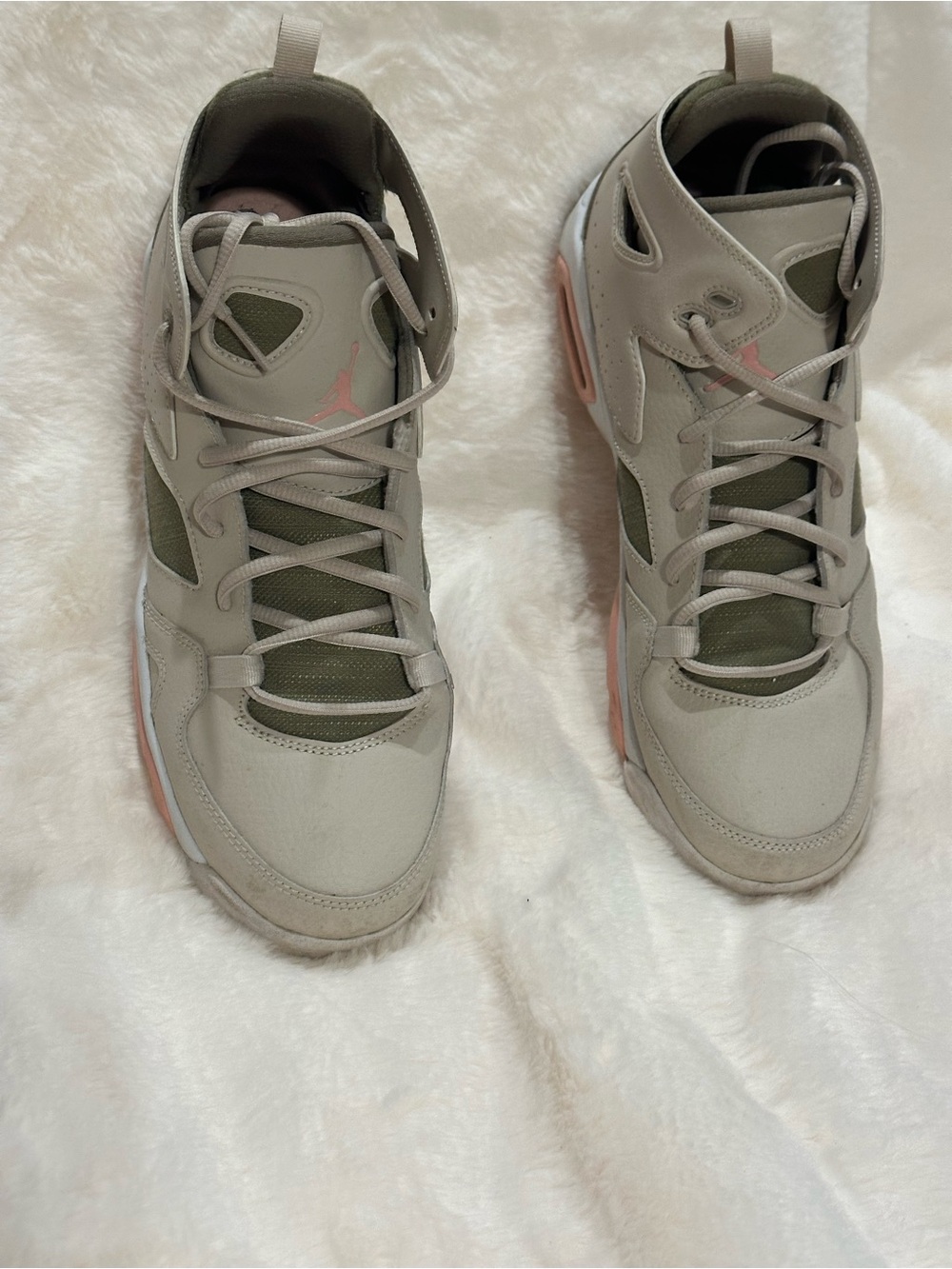 Jordan Women's Sneakers in Light Gray, Olive, and Pink Accents
